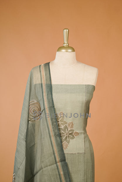 Chanderi Embroidery Unstitched Salwar Suit Material Sage Green close view.