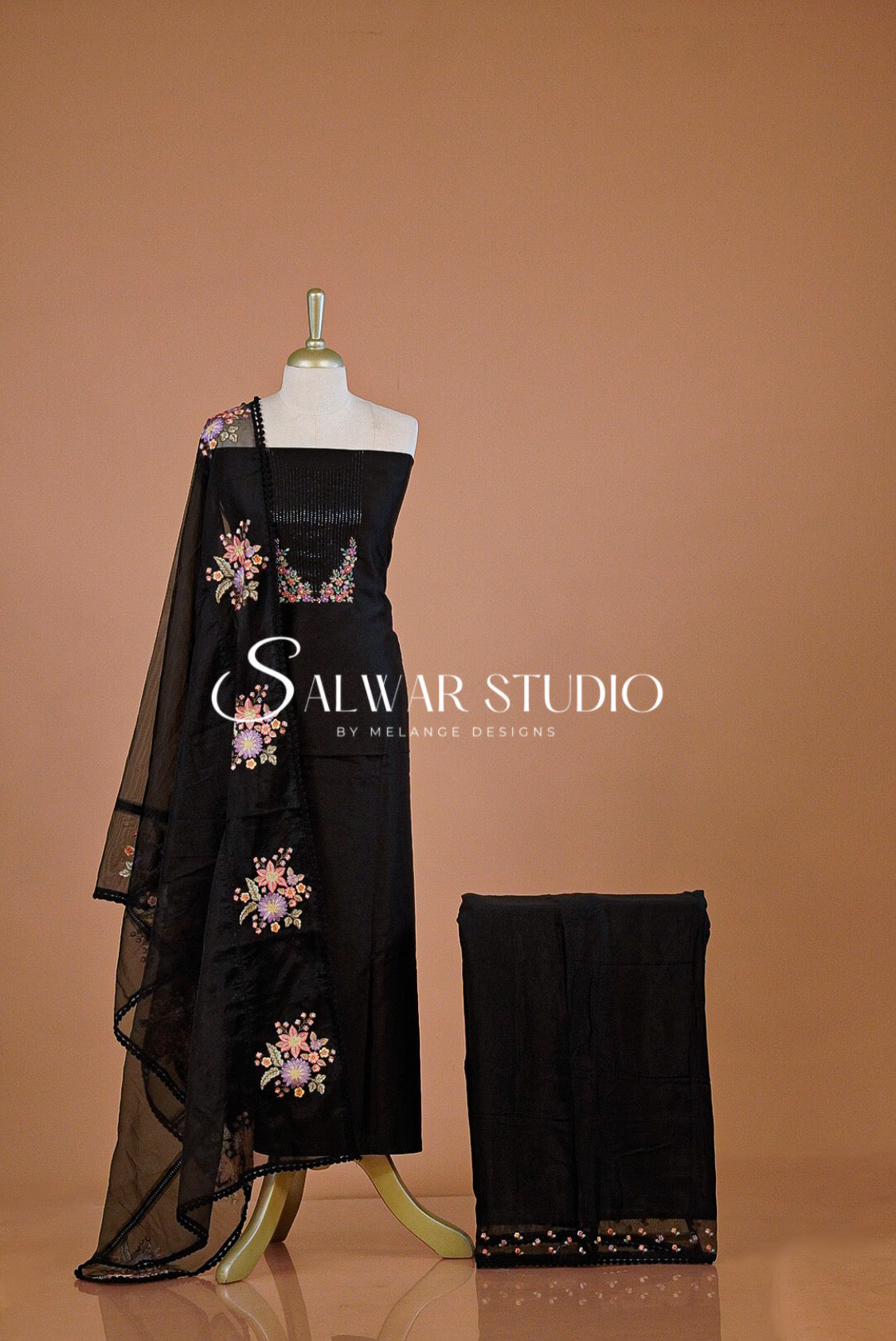 Chanderi Embroidery Unstitched Salwar suit Dress Material Black AC0236