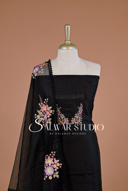 Chanderi Embroidery Unstitched Salwar suit Dress Material Black AC0236