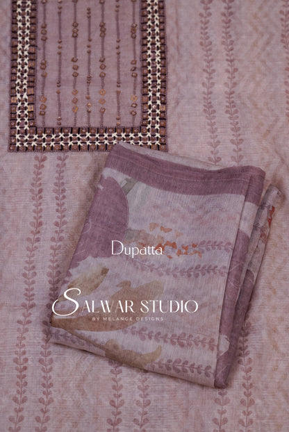 Chanderi Embroidery Unstitched Salwar suit Dress Material Lilac Dupatta