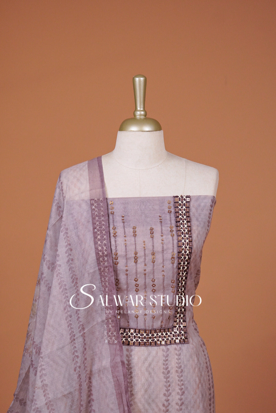 Chanderi Embroidery Unstitched Salwar suit Dress Material Lilac Close Up