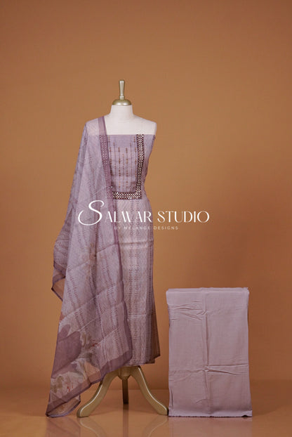 Chanderi Embroidery Unstitched Salwar suit Dress Material Lilac Front View