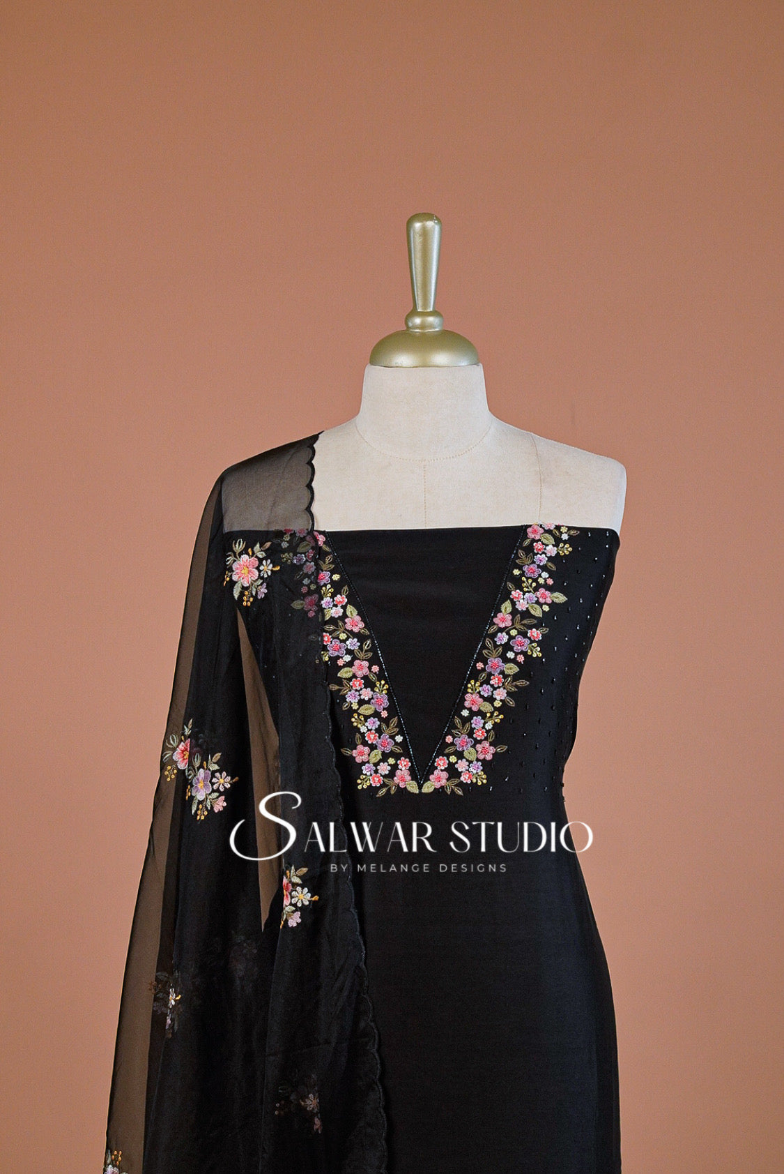 Chanderi Embroidery Unstitched Salwar suit Dress Material Black AC0235
