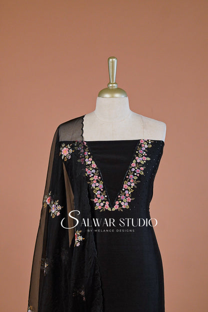 Chanderi Embroidery Unstitched Salwar suit Dress Material Black AC0235
