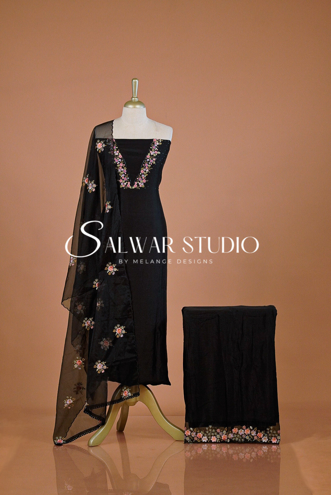 Chanderi Embroidery Unstitched Salwar suit Dress Material Black AC0235