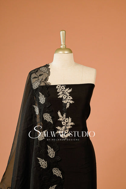 Chanderi Embroidery Unstitched Salwar suit Dress Material Black AC0289