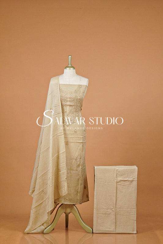 Chanderi Embroidery Unstitched Salwar Suit Material Champagne Beige 
