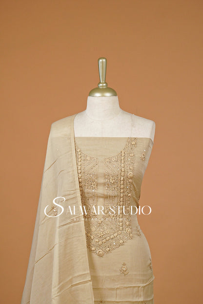 Chanderi Embroidery Unstitched Salwar Suit Material Champagne Beige 