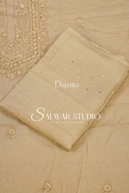 Chanderi Embroidery Unstitched Salwar Suit Material Champagne Beige 