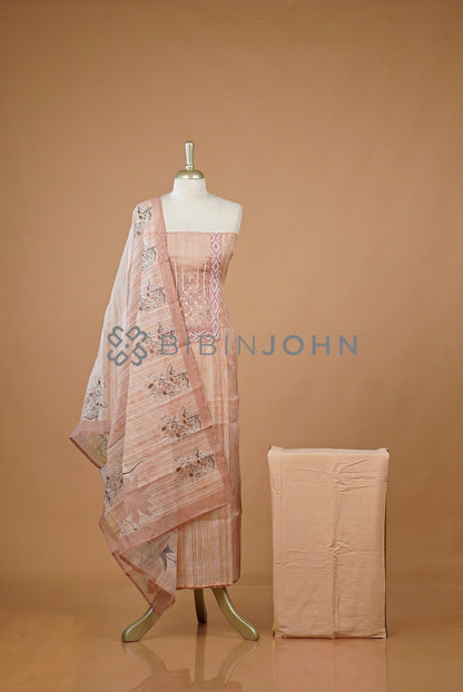 Chanderi Embroidery Unstitched Salwar Suit For Women Peach