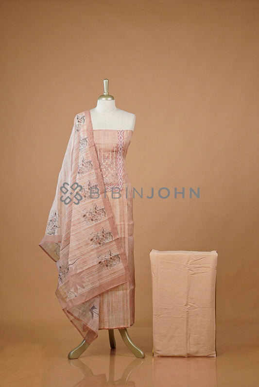 Chanderi Embroidery Unstitched Salwar Suit For Women Peach