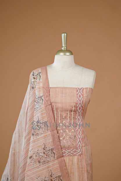 Chanderi Embroidery Unstitched Salwar Suit For Women Peach close view