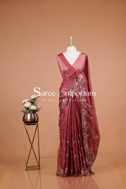 Cotta Cutwork Saree For Women Dusty Rose.
