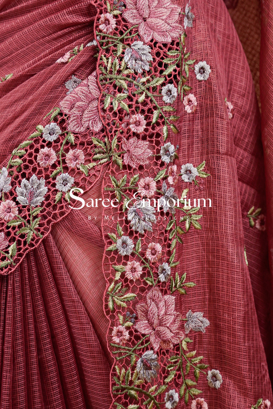 Cotta Cutwork Saree For Women Dusty Rose Side View.