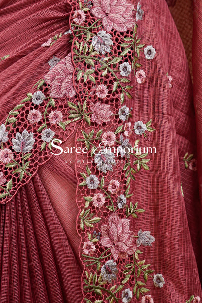 Cotta Cutwork Saree For Women Dusty Rose Side View.