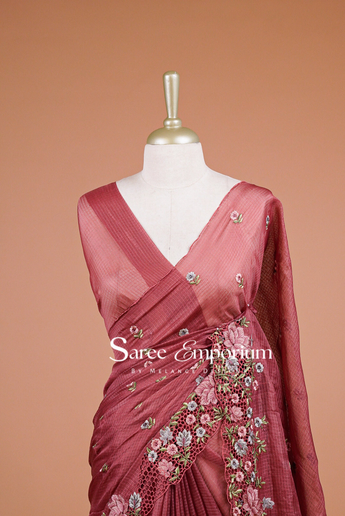 Cotta Cutwork Saree For Women Dusty Rose Close View.