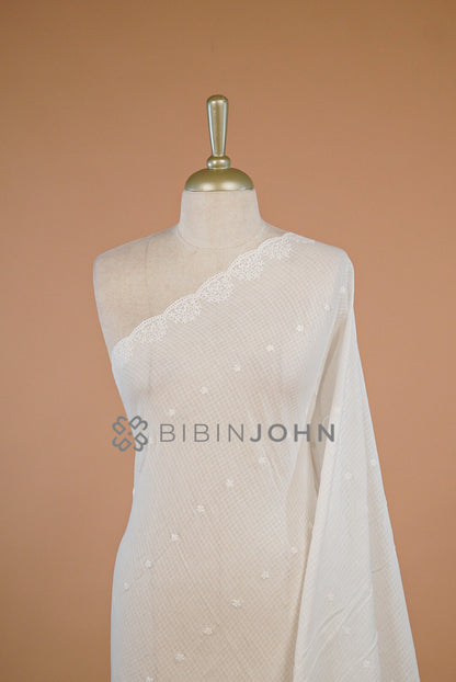 Cotta Embroidery Dupatta For Women White close view.