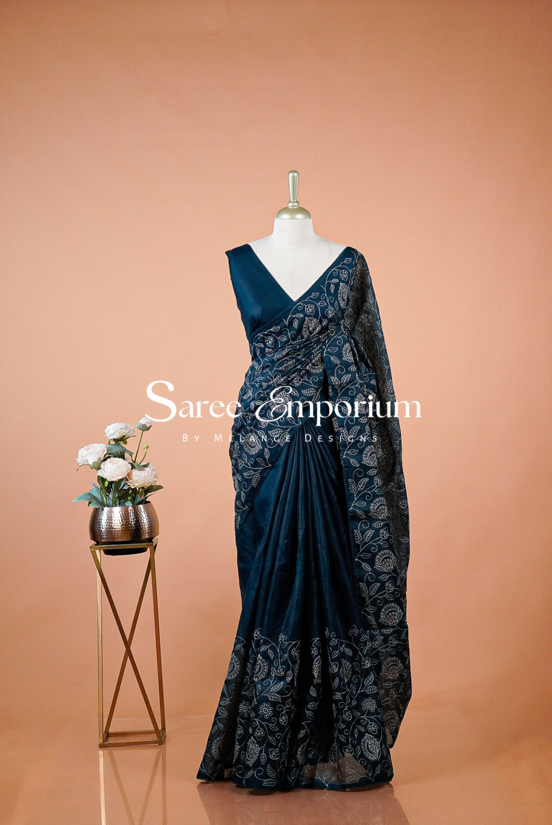 Cotta Embroidery Saree For Women Deep Teal Blue .