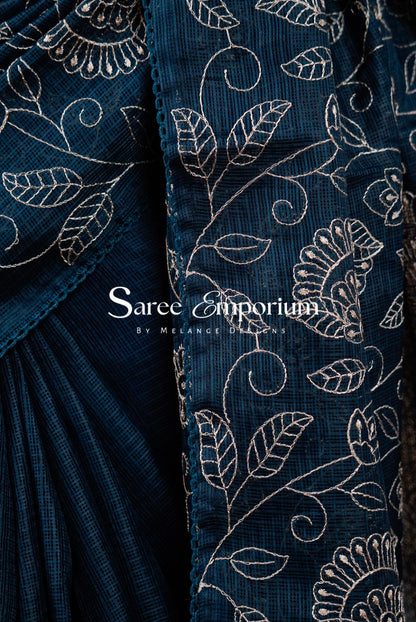 Cotta Embroidery Saree For Women Deep Teal Blue pallu.