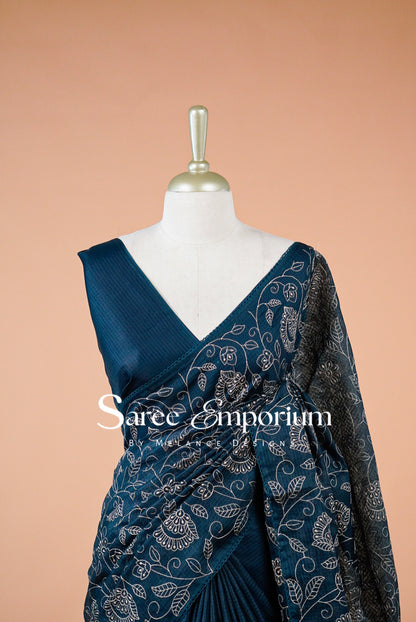 Cotta Embroidery Saree For Women Deep Teal Blue  Close View.