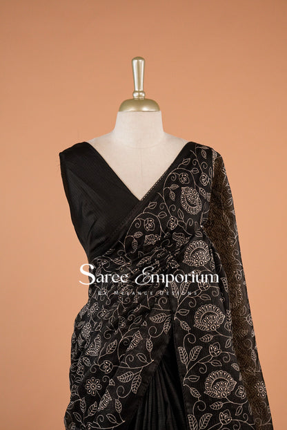 Cotta Embroidery Saree For Women Black Close View.