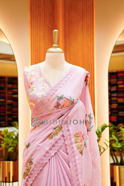 Cotta Embroidery Saree For Women Pastel Pink  close view