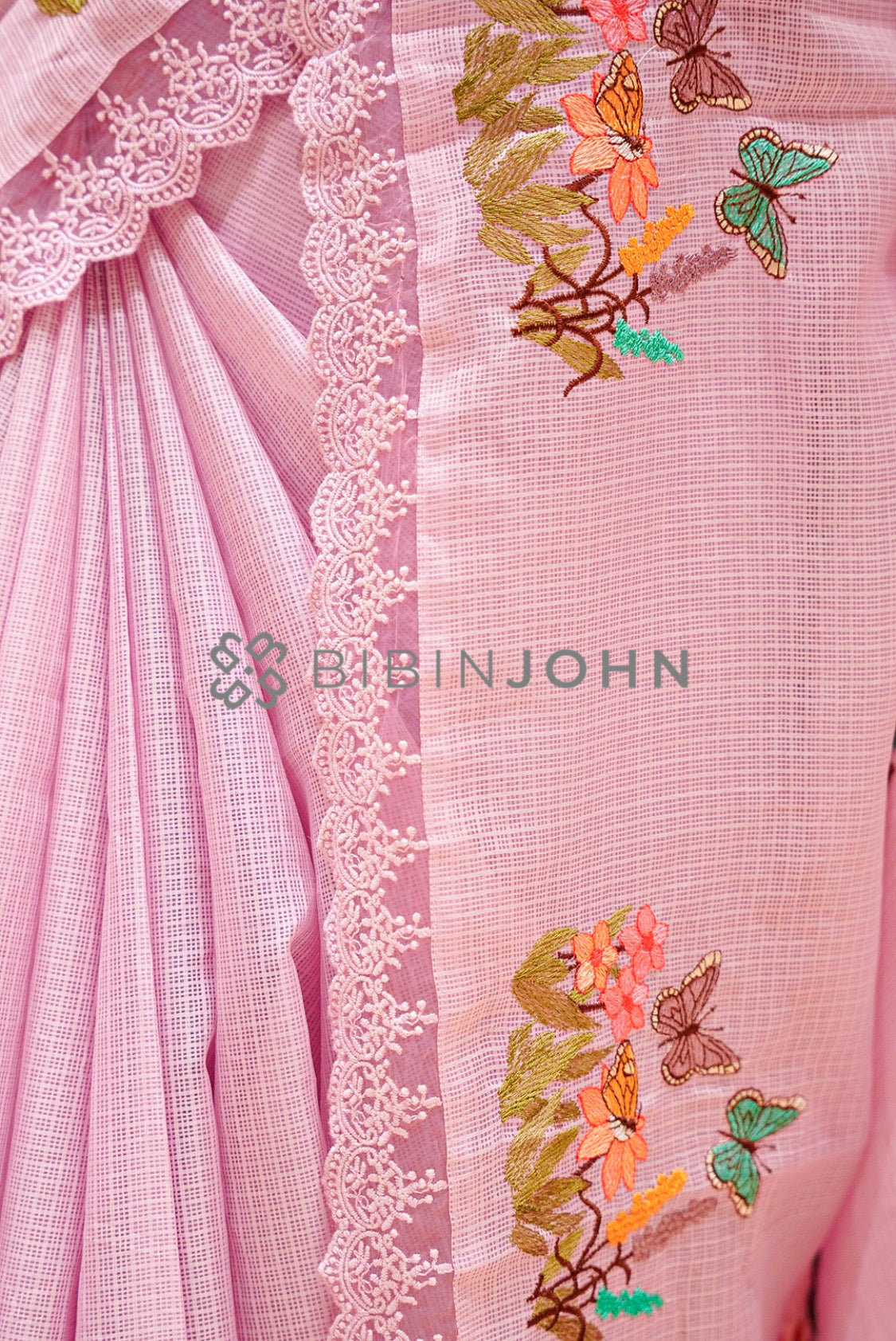 Cotta Embroidery Saree For Women Pastel Pink side view