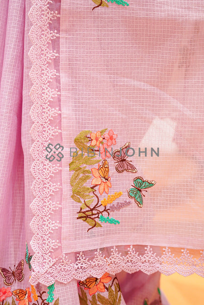 Cotta Embroidery Saree For Women Pastel Pink  pallu