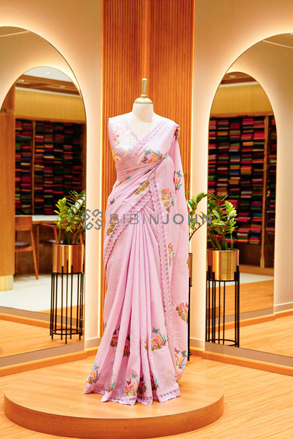 Cotta Embroidery Saree For Women Pastel Pink 