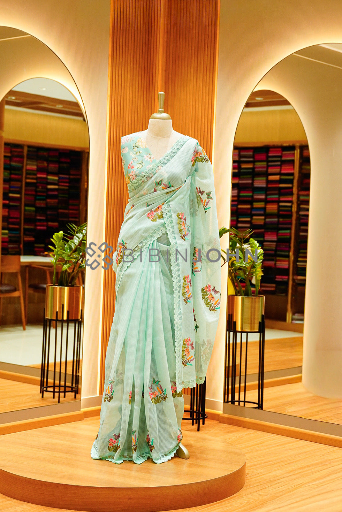 Cotta Embroidery Saree For Women Mint Green