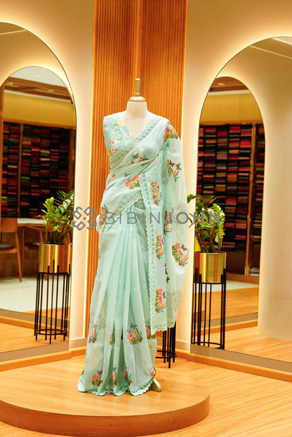 Cotta Embroidery Saree For Women Mint Green
