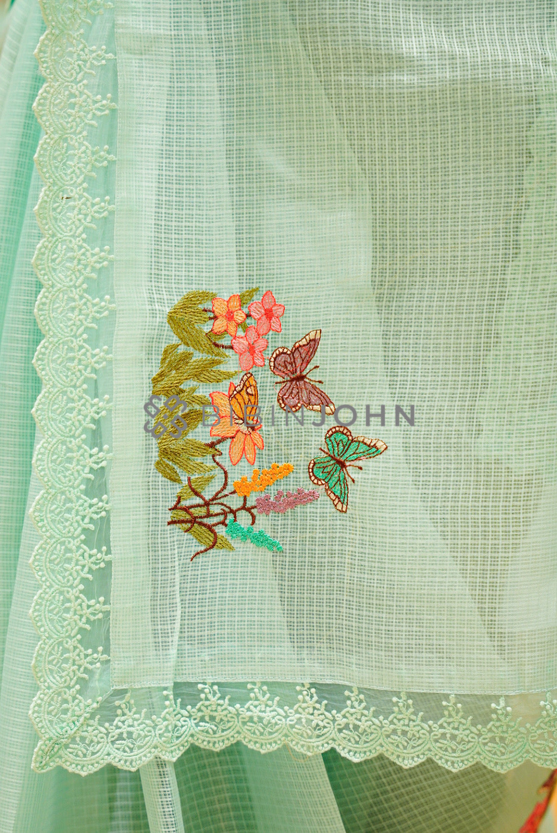 Cotta Embroidery Saree For Women Mint Green PALLU