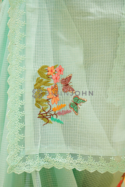 Cotta Embroidery Saree For Women Mint Green PALLU