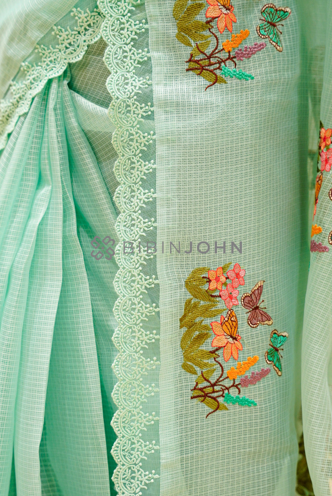Cotta Embroidery Saree For Women Mint Green SIDE VIEW