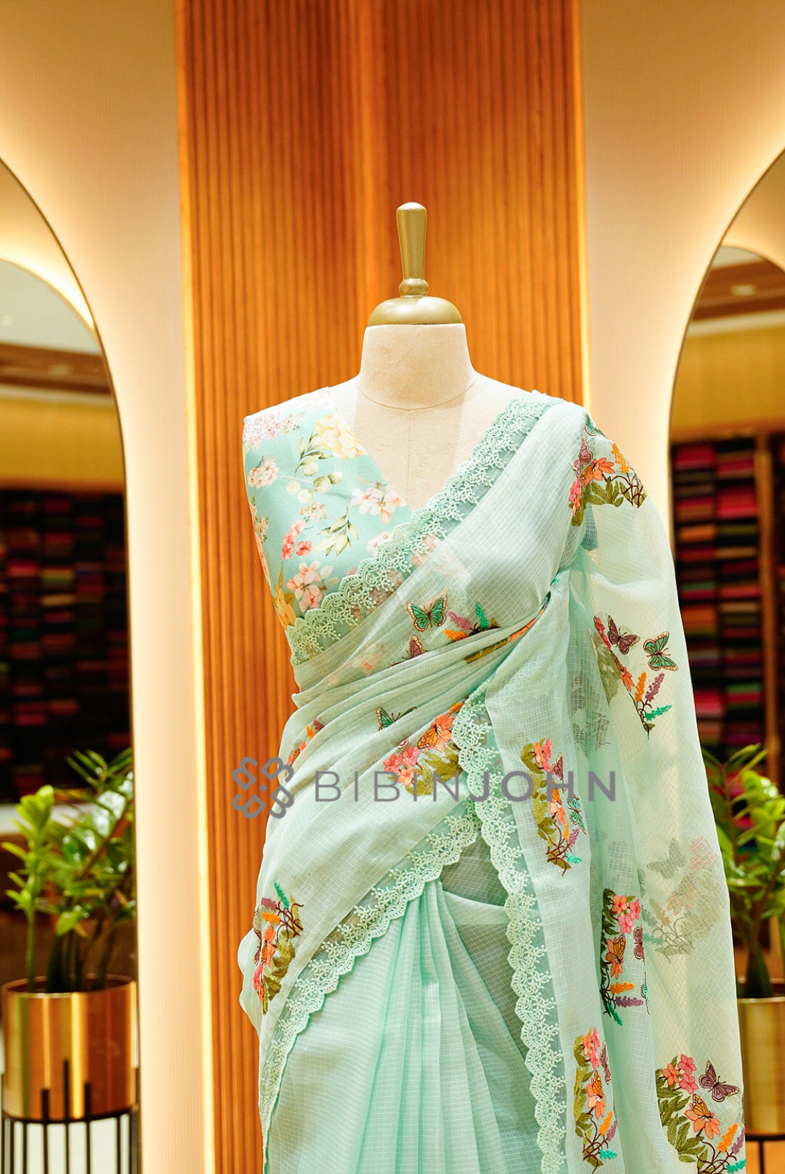 Cotta Embroidery Saree For Women Mint Green CLOSE VIEW