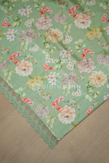 Cotta Embroidery Saree For Women Pastel Sage Green BLOUSE PIECE