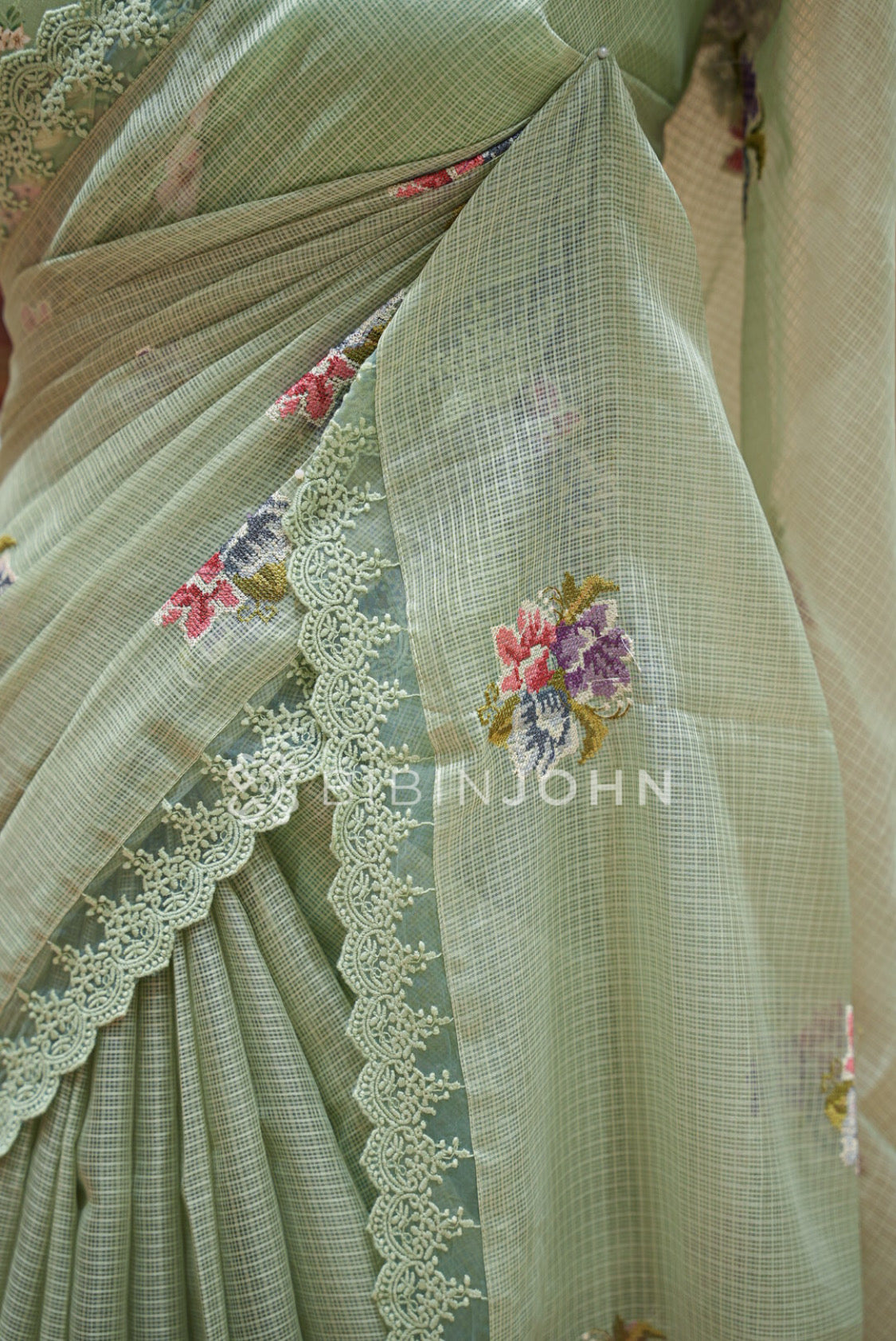 Cotta Embroidery Saree For Women Pastel Sage Green SIDE VIEW