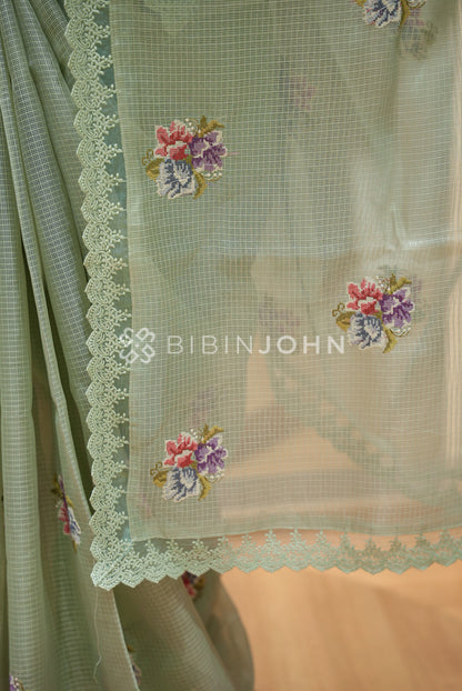 Cotta Embroidery Saree For Women Pastel Sage Green  PALLU