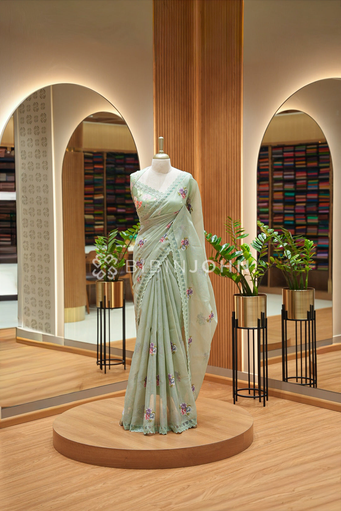 Cotta Embroidery Saree For Women Pastel Sage Green 