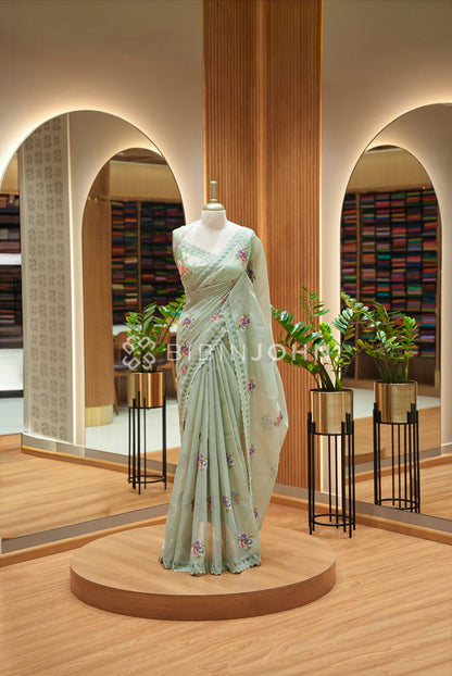 Cotta Embroidery Saree For Women Pastel Sage Green 