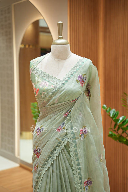 Cotta Embroidery Saree For Women Pastel Sage Green CLOSE VIEW