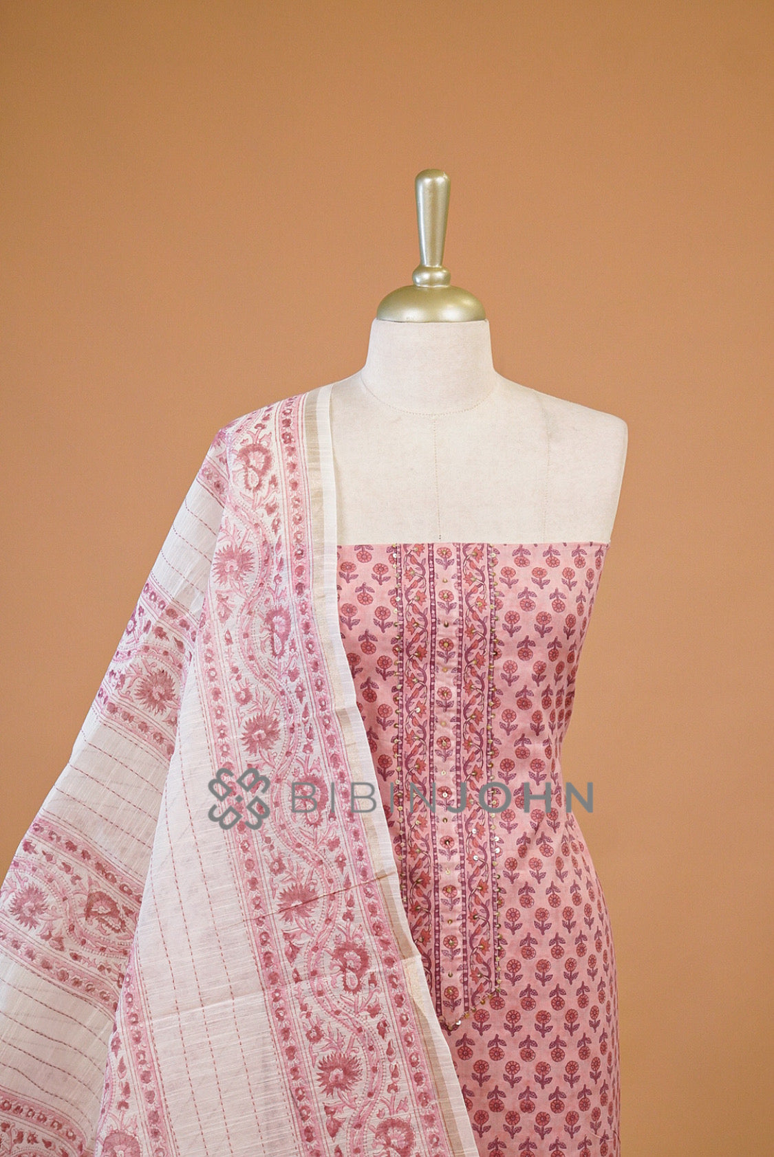 Cotton Embroidery Unstitched Salwar Suit Material Soft Pink close view.