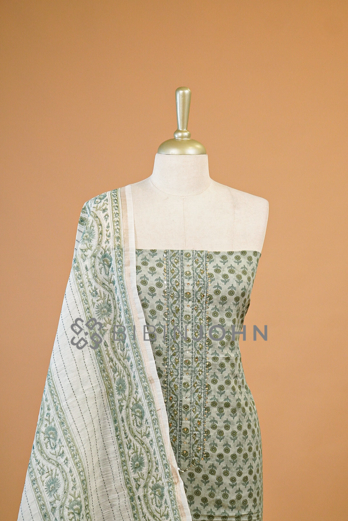 Cotton Embroidery Unstitched Salwar Suit Material Sage green close view.