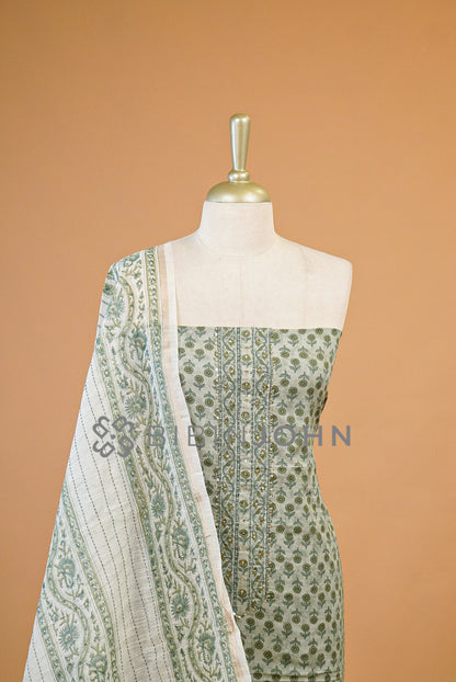 Cotton Embroidery Unstitched Salwar Suit Material Sage green close view.