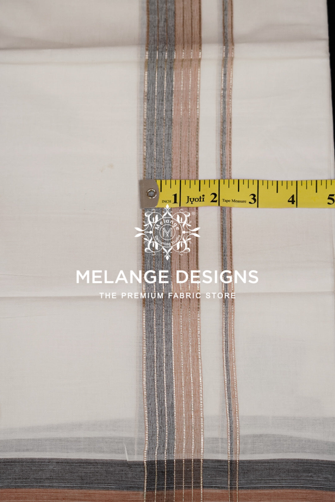 Cotton Dhoti For Men White with Grey & Rose Gold Close View.
