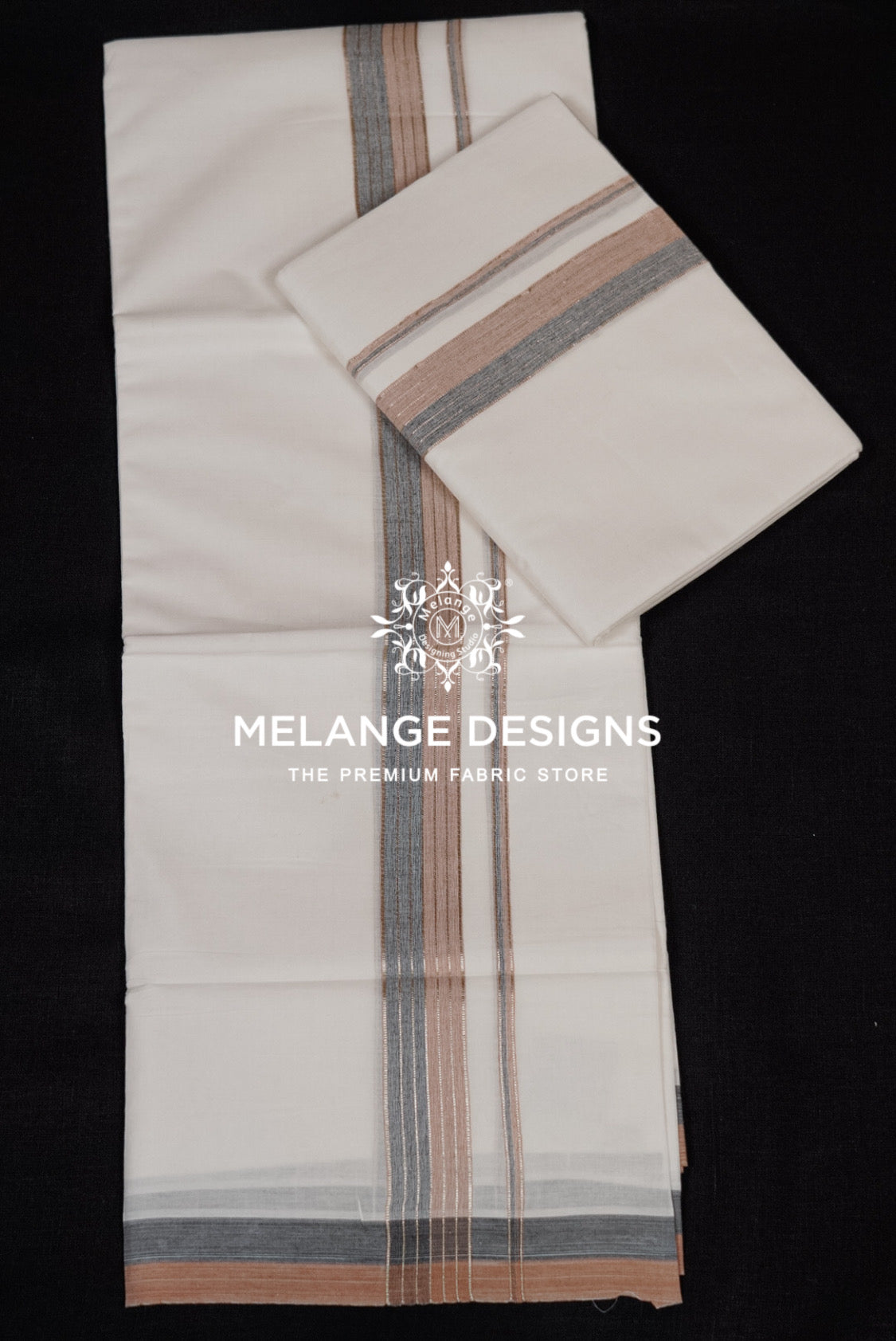 Cotton Dhoti For Men White with Grey & Rose Gold Full View.
