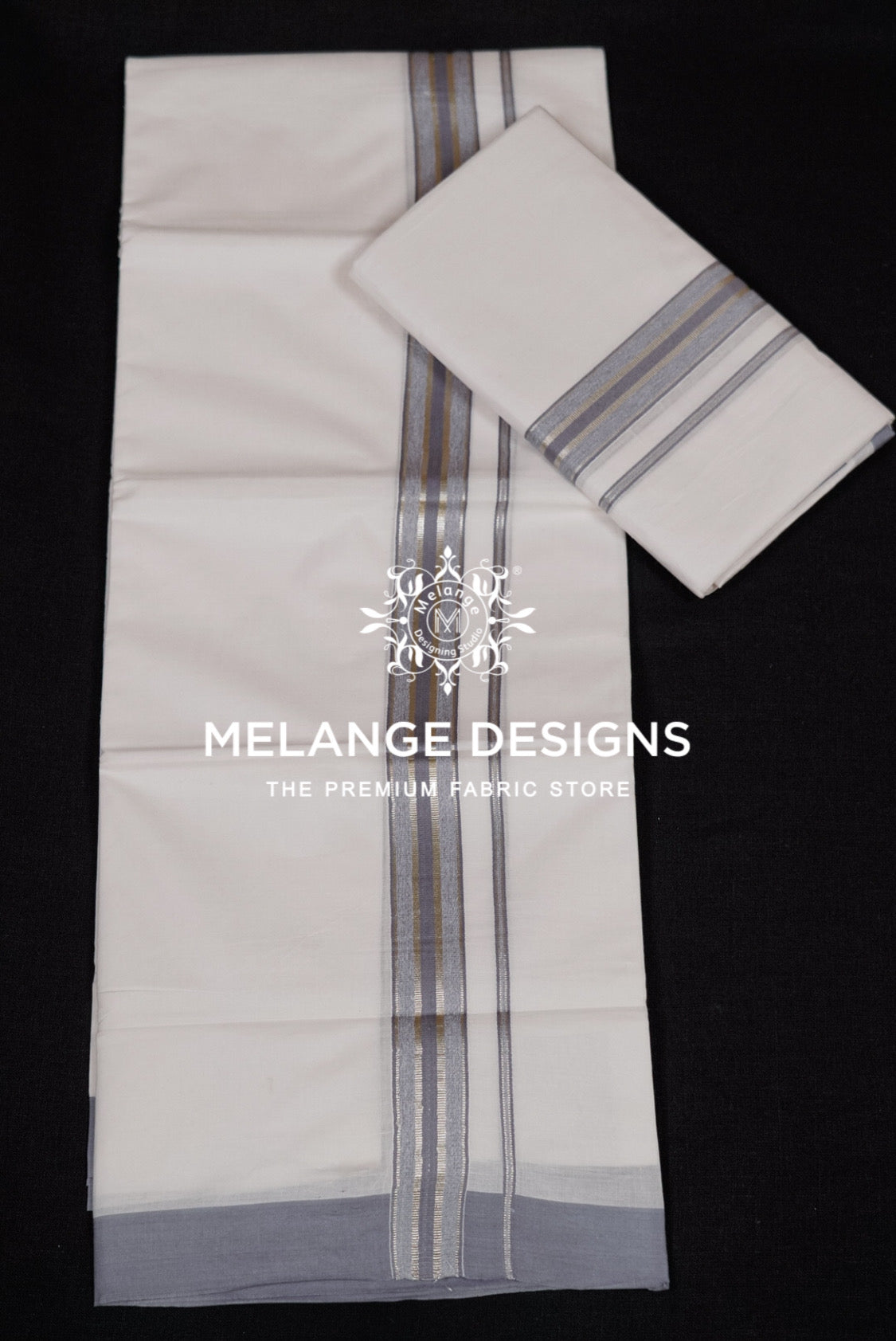 Cotton Dhoti For Men White with Silver-Grey Full view