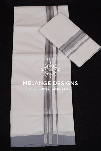Cotton Dhoti For Men White with Silver-Grey Full view