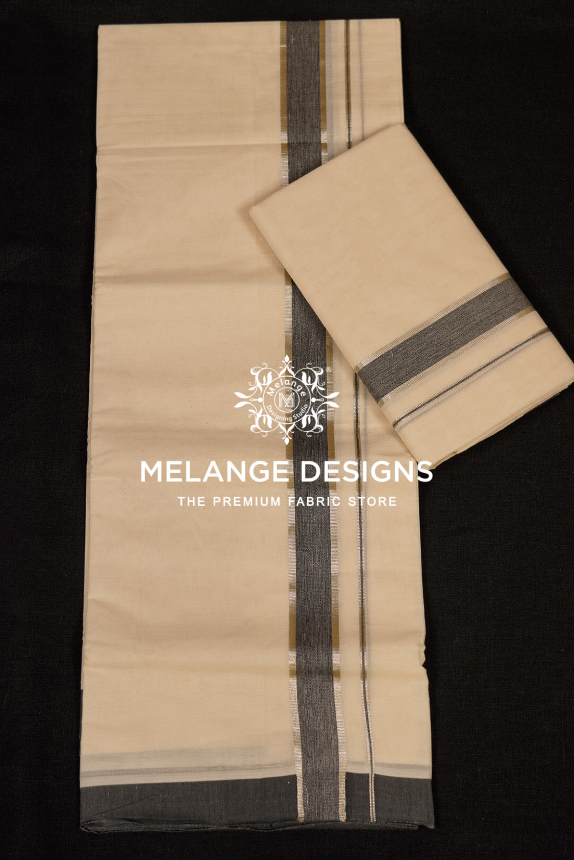 Cotton Dhoti For Men Off White with Charcoal Grey full view.