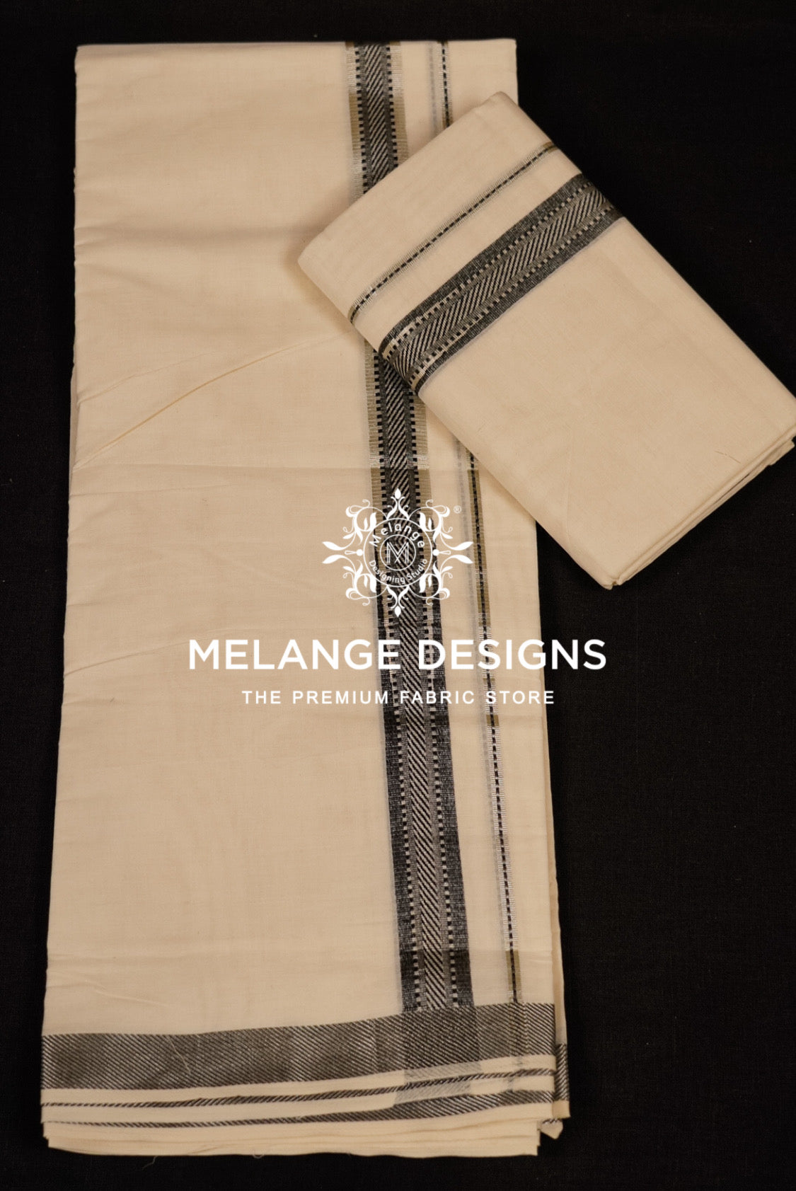 Cotton Dhoti For Men Off White with Black and Charcoal Grey full view.